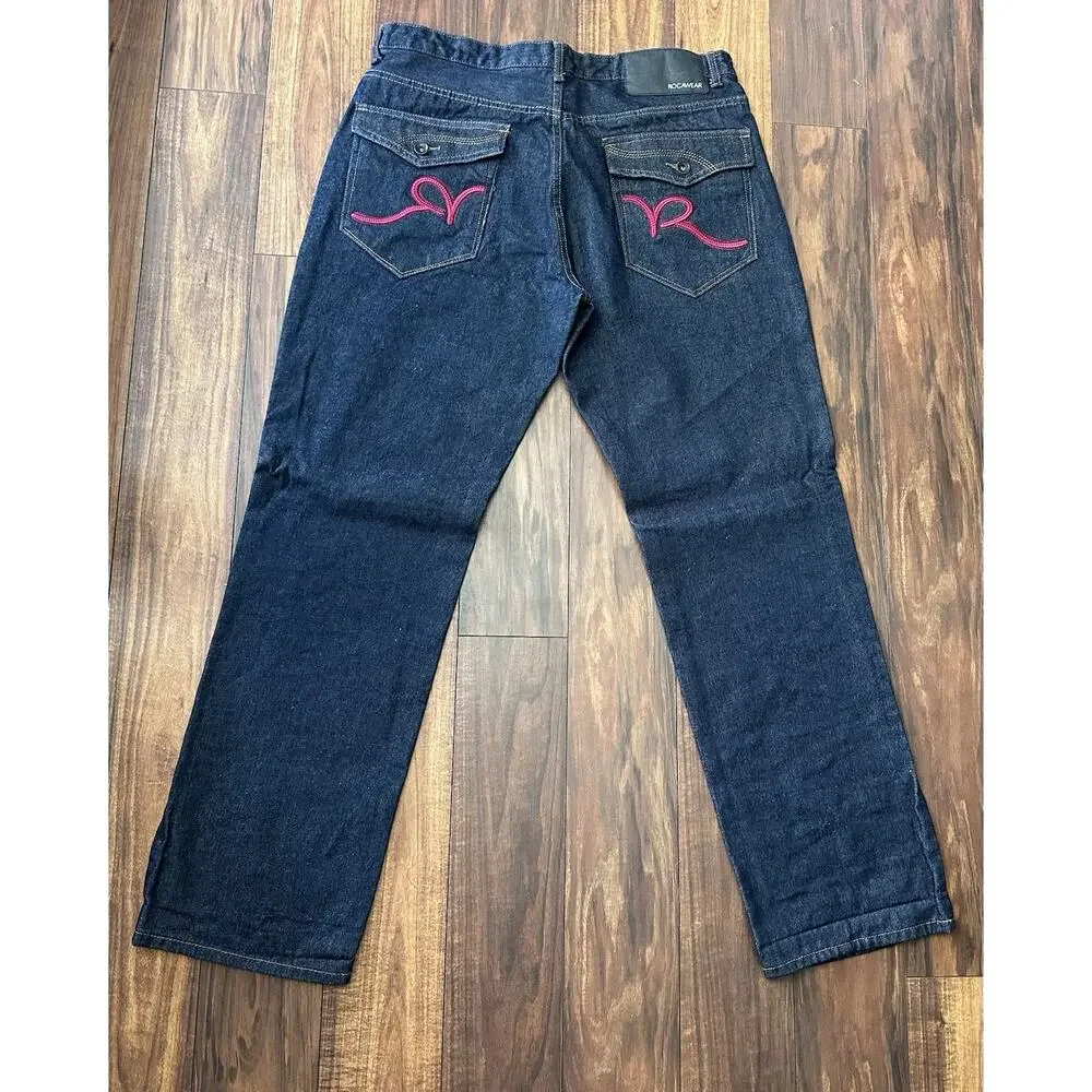 Rocawear Jeans Men's 36x32 Classic Fit Dark Wash Denim Double R Flaps Hip Hop